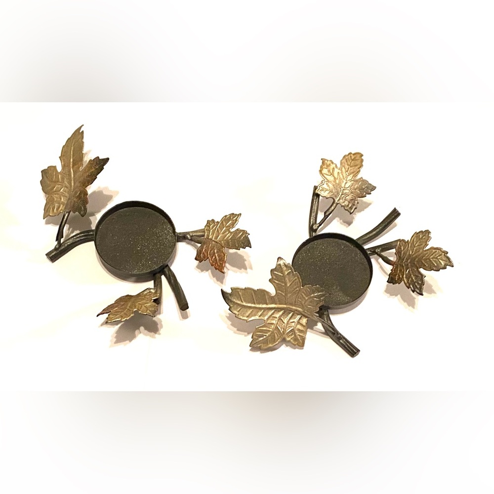 Fall Autumn Silver and Matte Black Metal Leaf Set of 2 Votive Candle Holders
